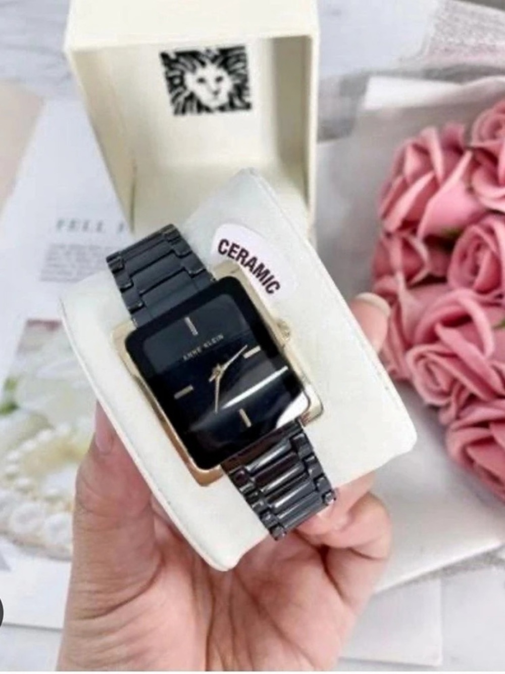 Anne Klein 2952BKGB Ceramic Bracelet Watch in Black & Gold NWT